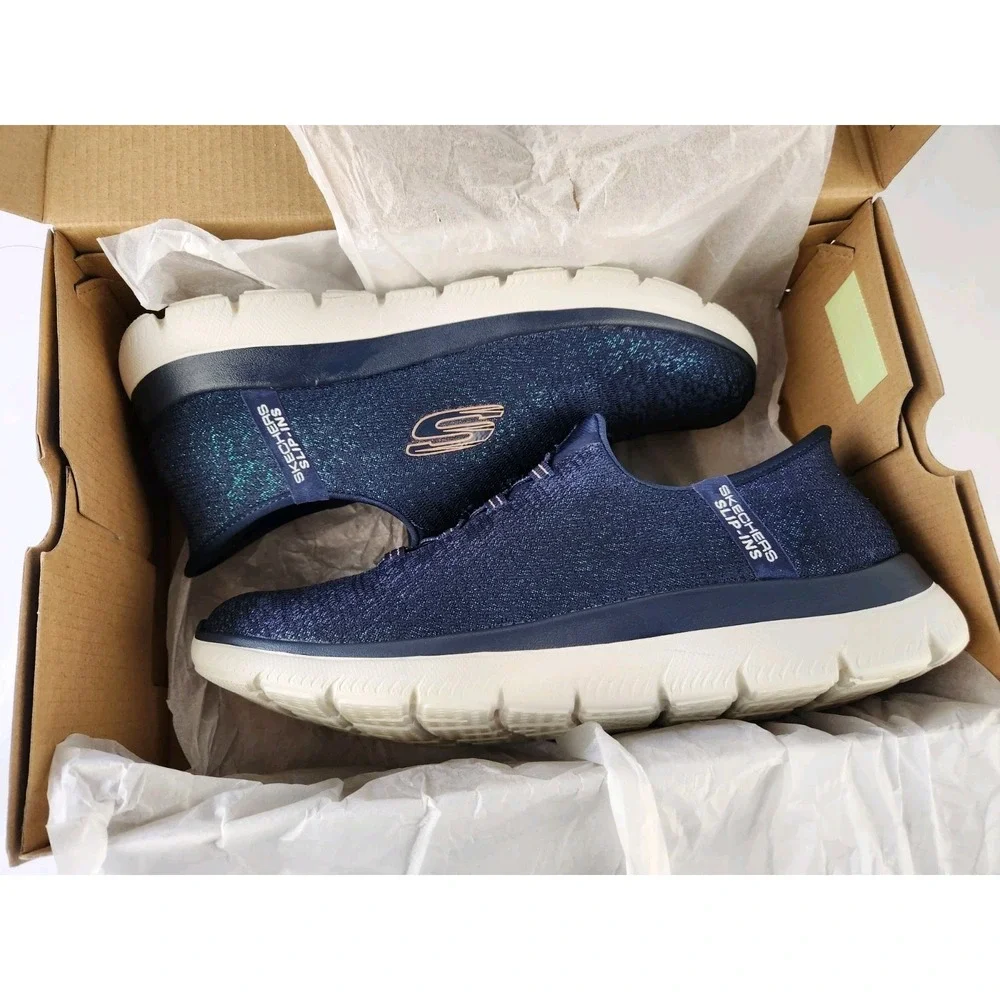 Womans Shoes SKECHERS Summits-Lunar Glow Hands Free Slip-Ins Sneakers Blue Sz 10
